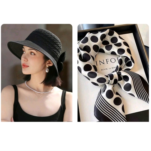 NEW Elegant Black Hat and Polka Dot Scarf Set - Picture 1 of 8
